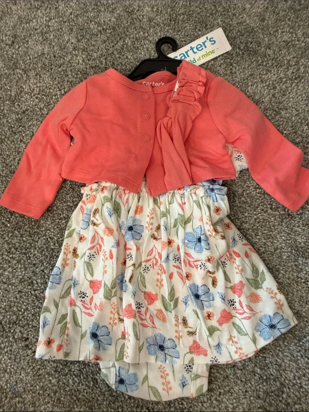 Carter's Coral Cardigan with Floral Cream Dress and matching headband
